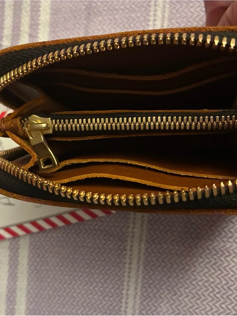 Portland Leather small Honey zip wallet.